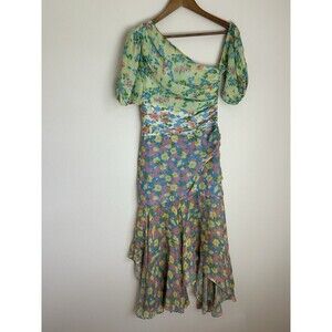 Amur Jaylah Patchwork Floral Print Silk Asymmetrical Midi Dress Size 2 Fairy